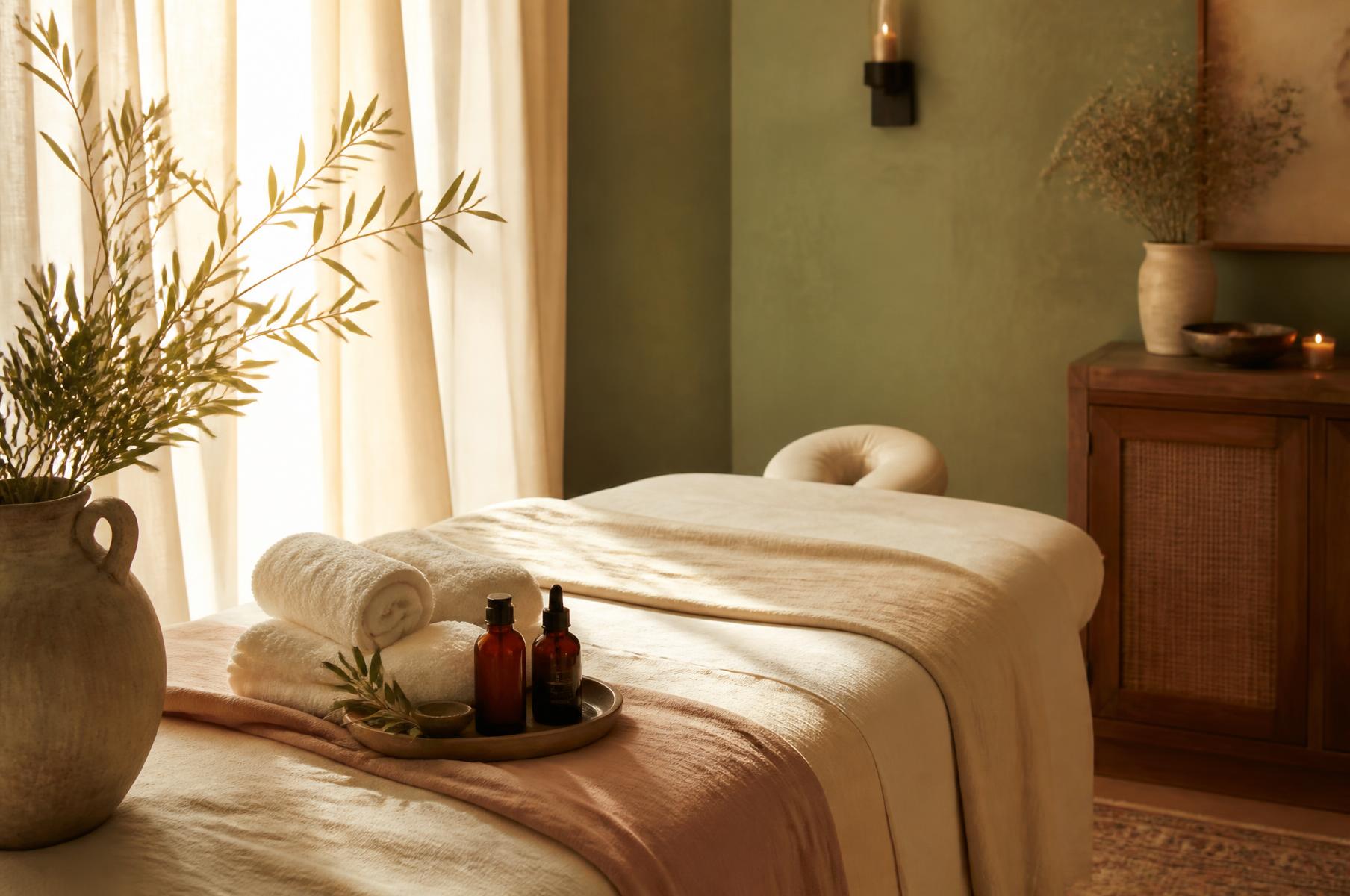 A softly lit home massage table dressed in cream linen with oils and olive branches