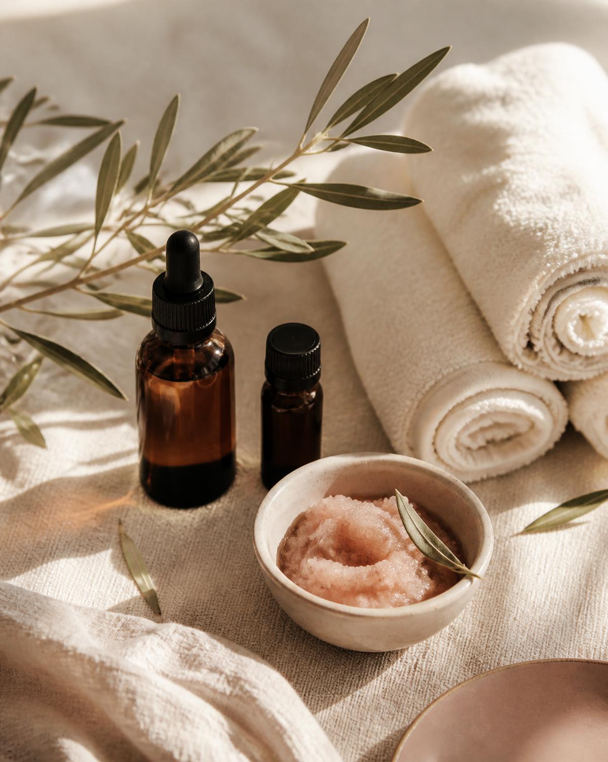 Amber oil bottles, rolled towels and a bowl of body scrub on cream linen