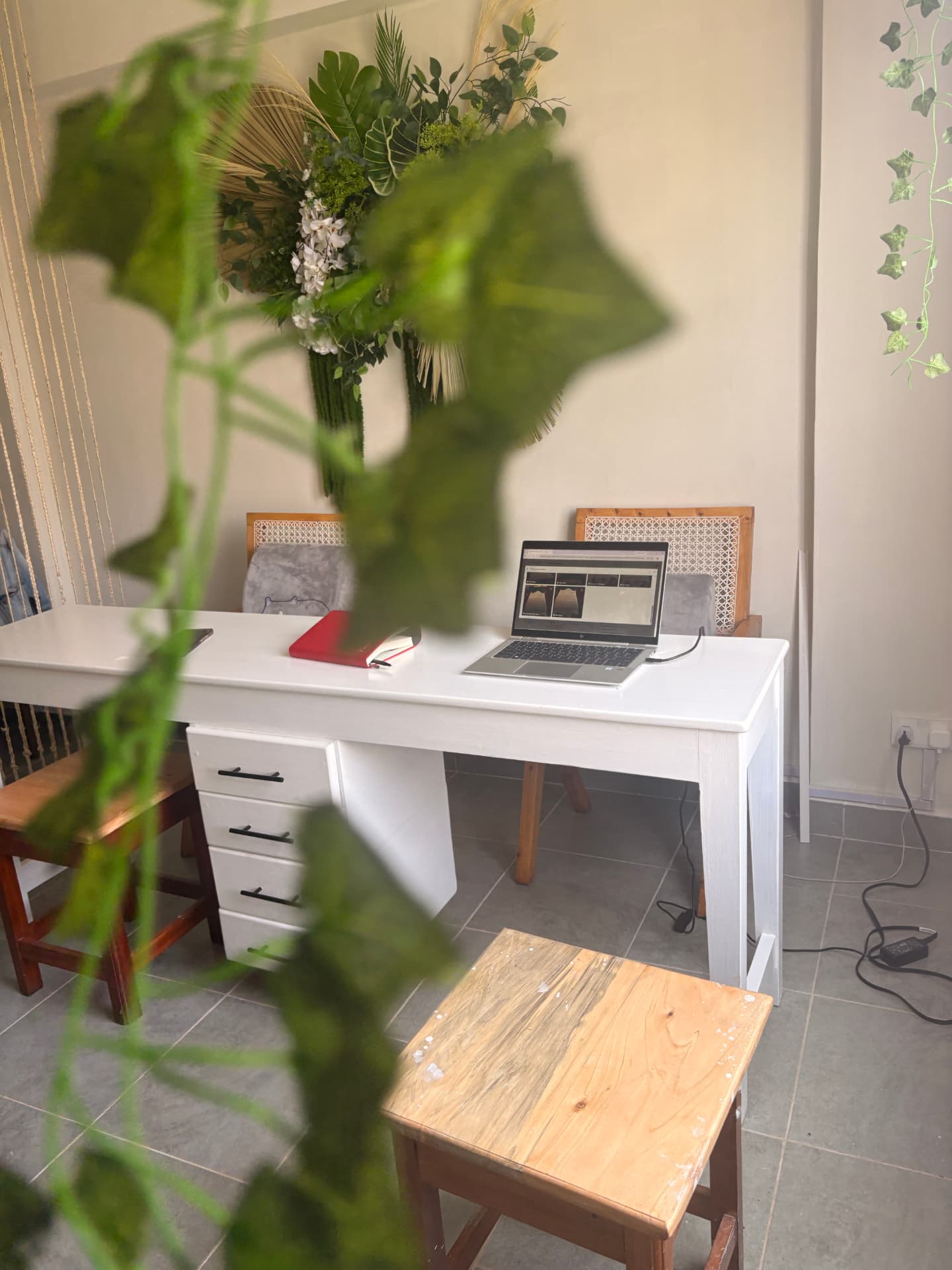 Bright corner of Kiki's mini spa with trailing greenery and cane chairs